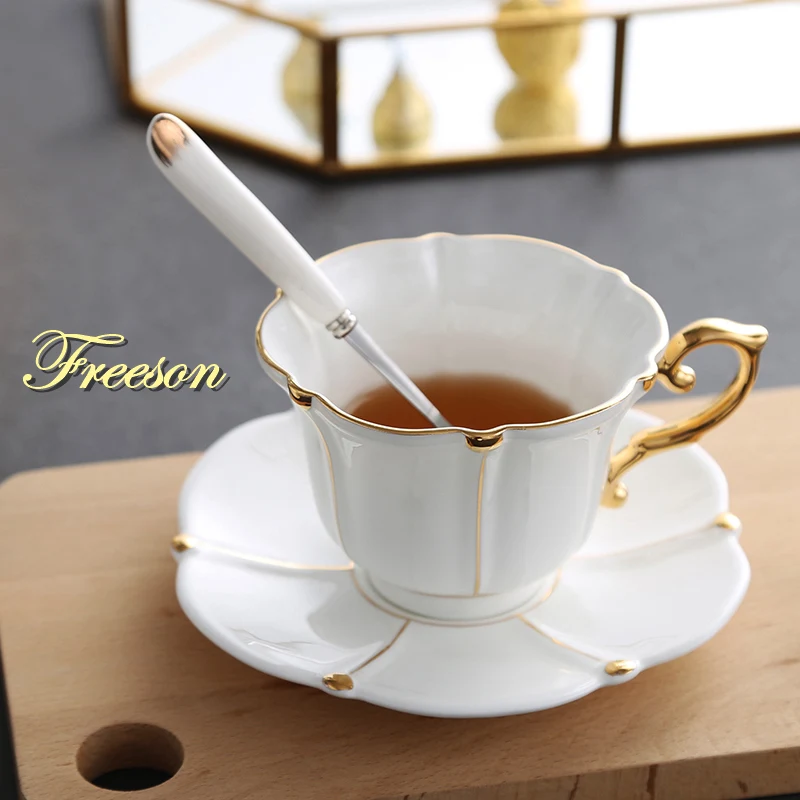 

Gold Pearl Bone China Coffee Cup Saucer Spoon Set 200ml Gorgeous Advanced Porcelain Tea Cup Cafe Party Afternoon Teacup Dropship