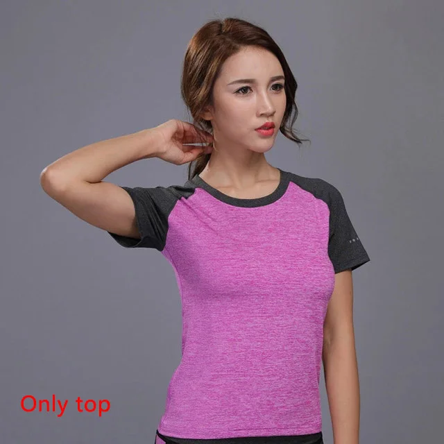 Purple T-Shirt Комплект для йоги OLOEY из 2 предметов, одежда для спортзала, фитнеса, теннисная рубашка+ штаны для бега, облегающие Леггинсы для йоги и тренировок, спортивная одежда для женщин - Цвет: Purple T-Shirt