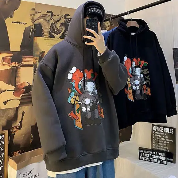 

Cotton men's hooded sweater cartoon doll loose Korean trend Hong Kong style plus velvet thickened couples new