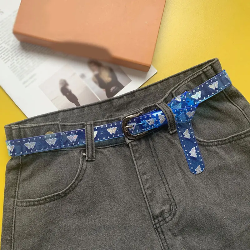 

Fashion Girls Sweet Candy Color Laser Butterfly Print Belt 105 cm Transparent Jelly Waist Belt For Jeans High Quality Wholesale