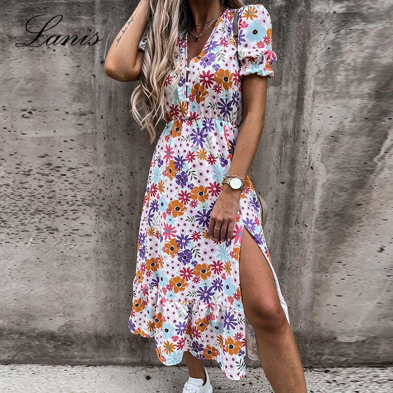 

Summer Sexy V Neck Party Dress Women Elegant Gorgeous Floral Prints A-Line Dress Fashion Short Sleeve Slit Long Dresses Vestidos