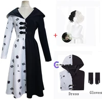 anime cruella de vil cosplay costume movie adult women gown black white maid dress with gloves hoodie skirt halloween party