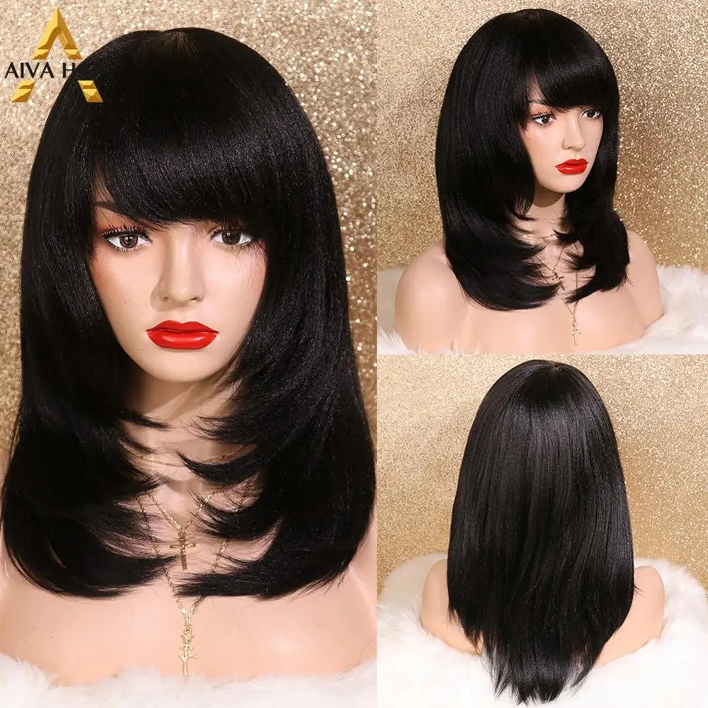 

Aiva Hair Heat Resistant Synthetic Hair Wig Glueless Yaki Straight Black Wig With Bangs Daily/Cosplay Synthetic Wigs For Women