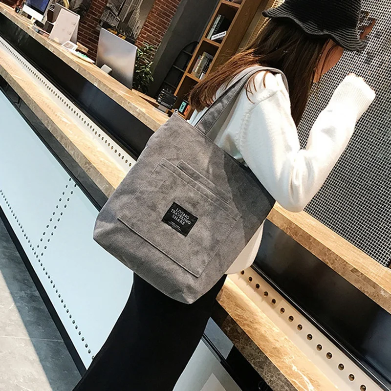 

Women Corduroy Canvas Tote Casual Shoulder Bag Foldable Shopping Bags Beach Bag Cotton Cloth Female Handbag