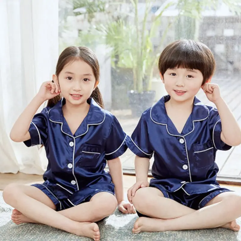 

Summer Boy Kids Pajama Sets Baby Girls Silk Pajamas Sleepwear Parent-Child Outfit Solid V Neck Shirt+Pants Nightwear Set