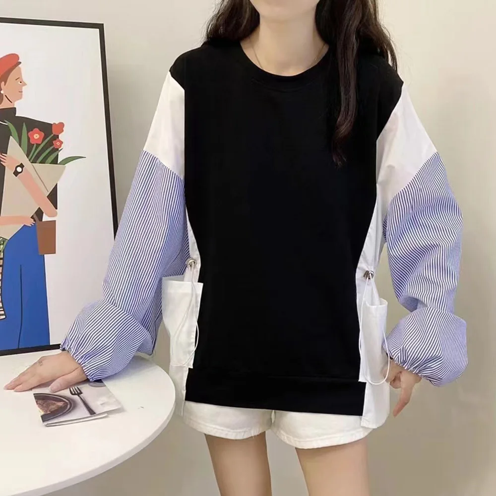 

Autumn New 2021 Fashion Casual Womens Hoodie Stripe Splicing Round Neck Loose Drawstring Pullover Long Sleeve Women Tops