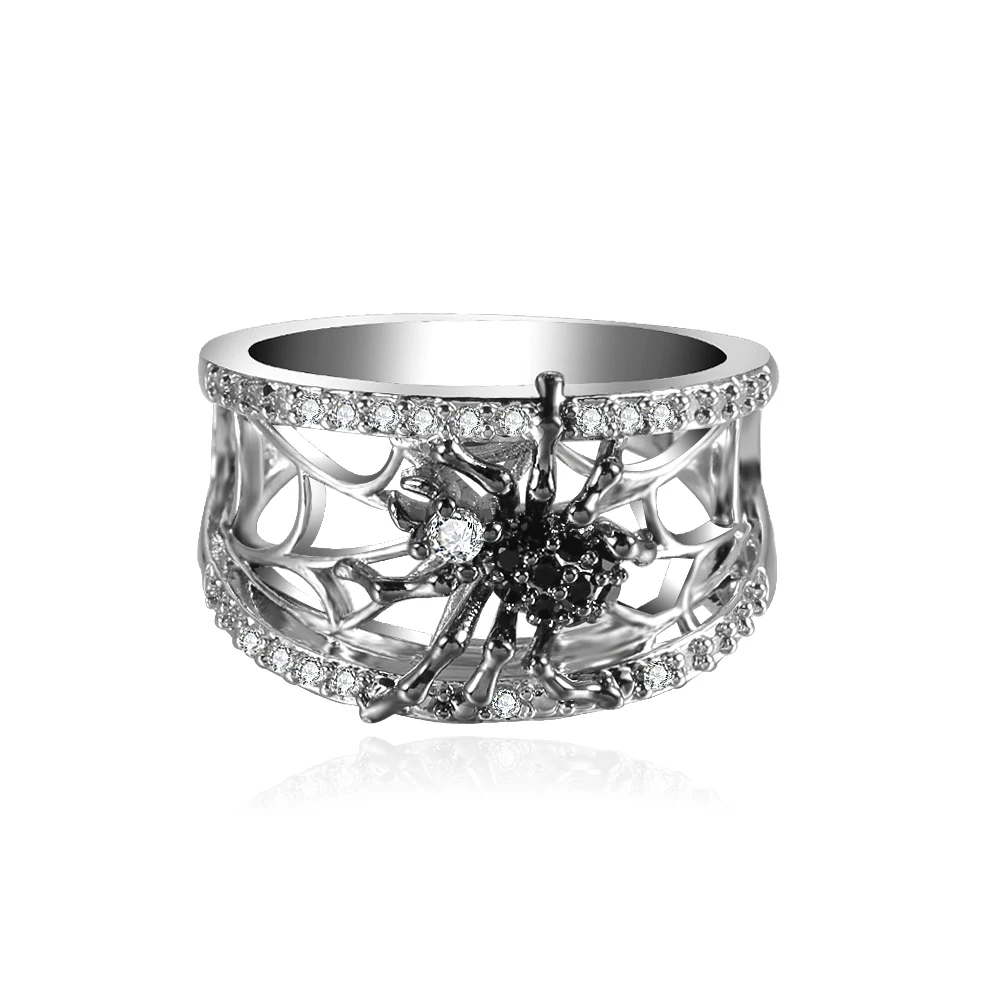 Женское креативное кольцо со стереоскопическим черным цирконием в виде паука