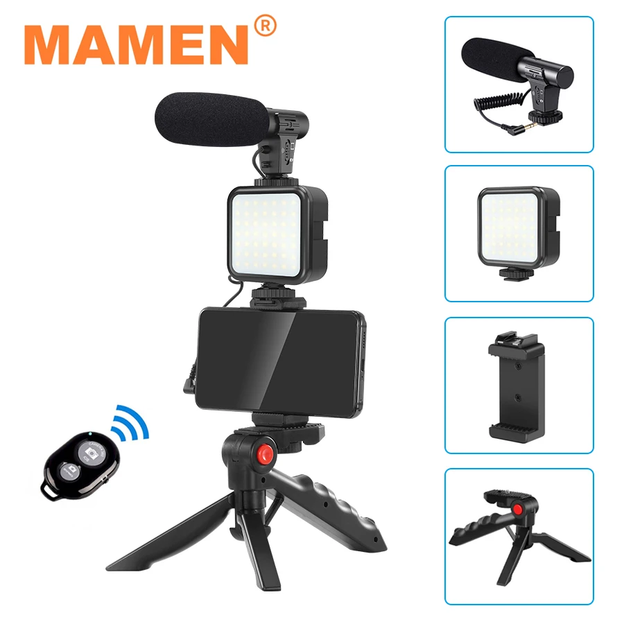 Equipamento de Gravação Vídeo com Tripé Obturador para Câmera do Telefone Mamen Smartphone Vlogging Preenchimento Youtube Conjunto Vlogger Kit Luz