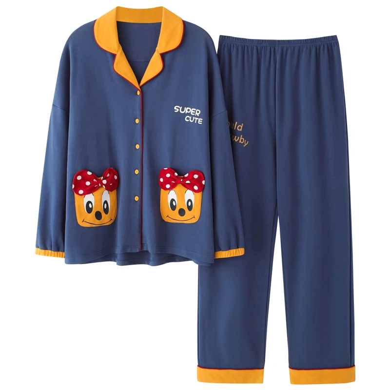 

Plus Size 3XL Women Sleepwear Cartoon Nightgown Cotton Nighty Long Sleeve THIN Spring Fall Pyjamas Lapel Loose Version Pajamas