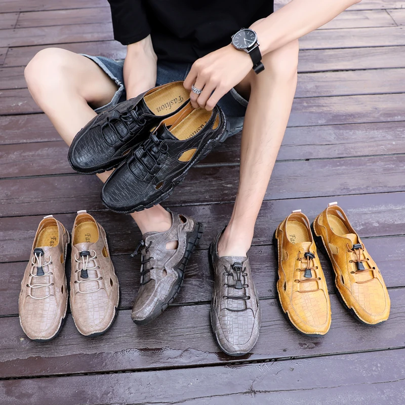 

2021 Summer New Men's Sandals Handmade Leather Beach Sandals Fashion Lightweight Casual Slippers Outdoor Non-slip Wading Shoes