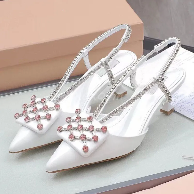

Luxury Brand Women High Heel Pumps Rhinestone Chain Decor Pointed Toe Formal Ladies Party Shoes Wedding Shoes Elegant