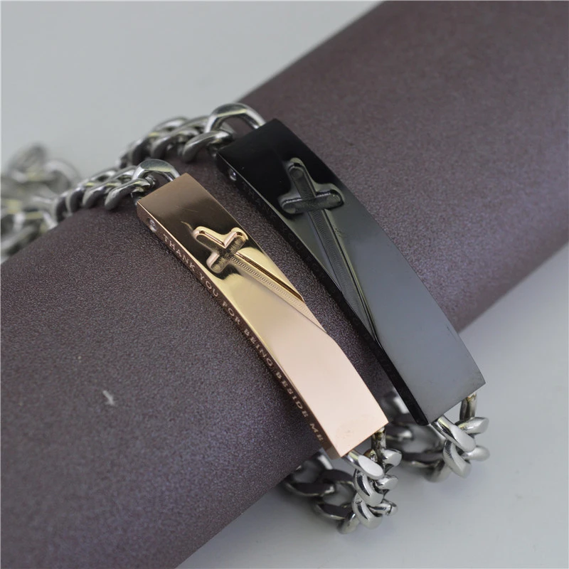 

European Style Cross Couple Bracelet With Cubic Zirconia Fashion Black Color Stainless Steel Bangles For Women Men Trend Jewelry
