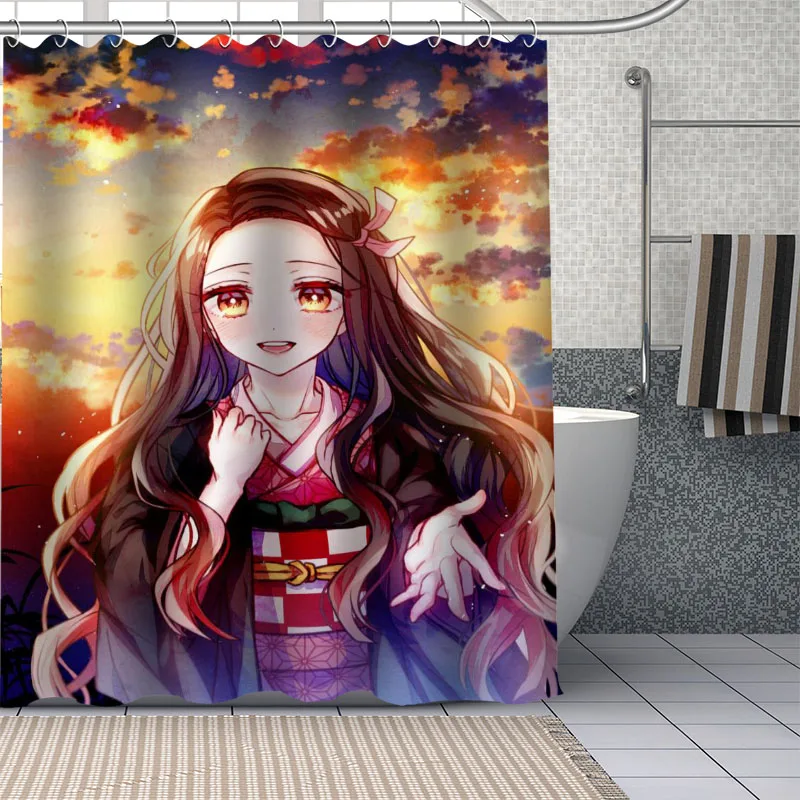 

Hot Custom Japanese Anime Kamado Nezuko Curtains Polyester Bathroom Waterproof Shower Curtain With Plastic Hooks More Size