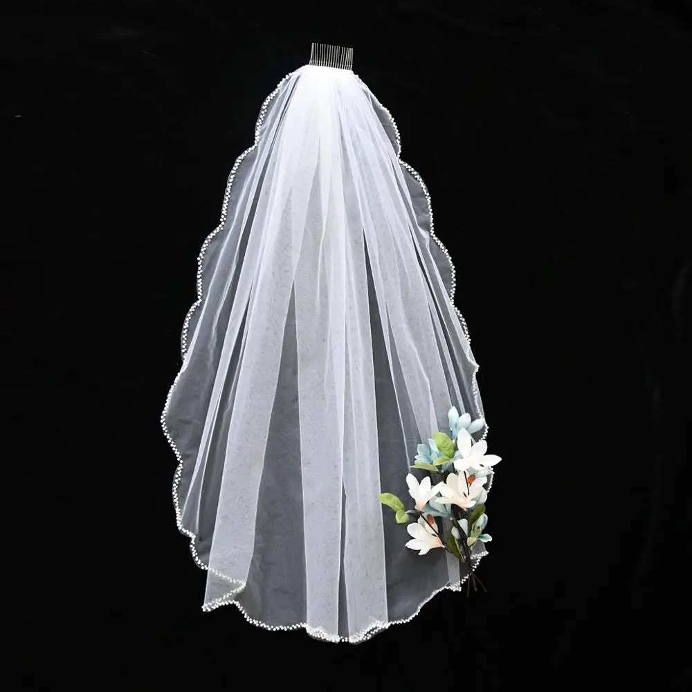 

ZMV35 Красивая Короткая садовая свадебная вуаль с белыми бусинами цвета слоновой кости с кристальными краями свадебный Тюль с гребнем для нев...