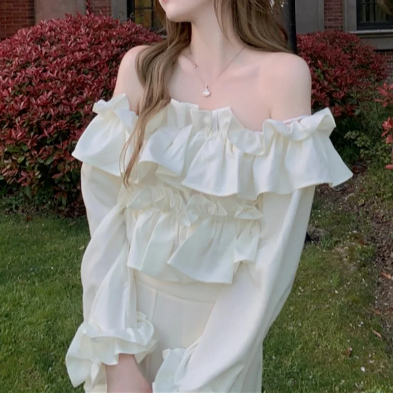 

Sweet Fresh Sexy Slash Neck Long Sleeve Blouses for Women Summer French Style Crop Tops Fashion Kawaii All-match Woman Blouse