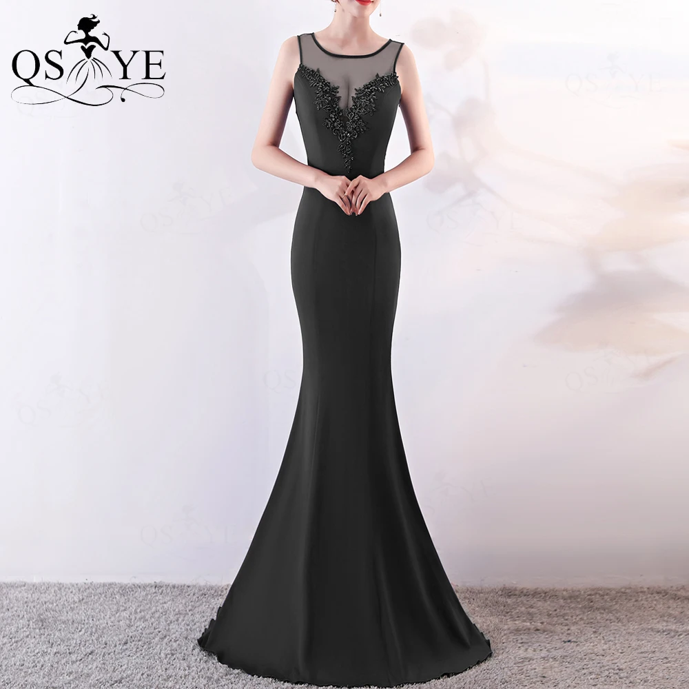 

Black Prom Dresses Bead Lace Appliques Princess Party Gown Sleeveless Mermaid Stretchy Scoop Neck Evening Formal Dress Illusion