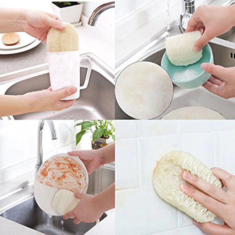 

3pcs/5pcs Natural Loofah Dishwashing Cloth Scrub Dish Bowl Pot Easy To Clean Scrubber Sponge Kitchen Clean Brushes Scrub Pad