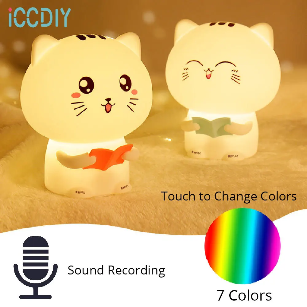 

Sound Recordable USB Recharging LED Cat Night Light Touch Sensor Colorful Cartoon Silicone Lamp Bedroom Bedside Lamp for Child