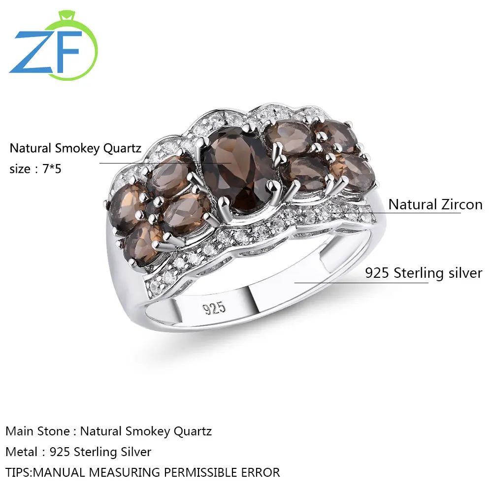 

GZ ZONGFA Fashion Natural Smokey Quartz Women Jewelry 925 Sterling Silver French Natural Zircon Wedding Ring for gift