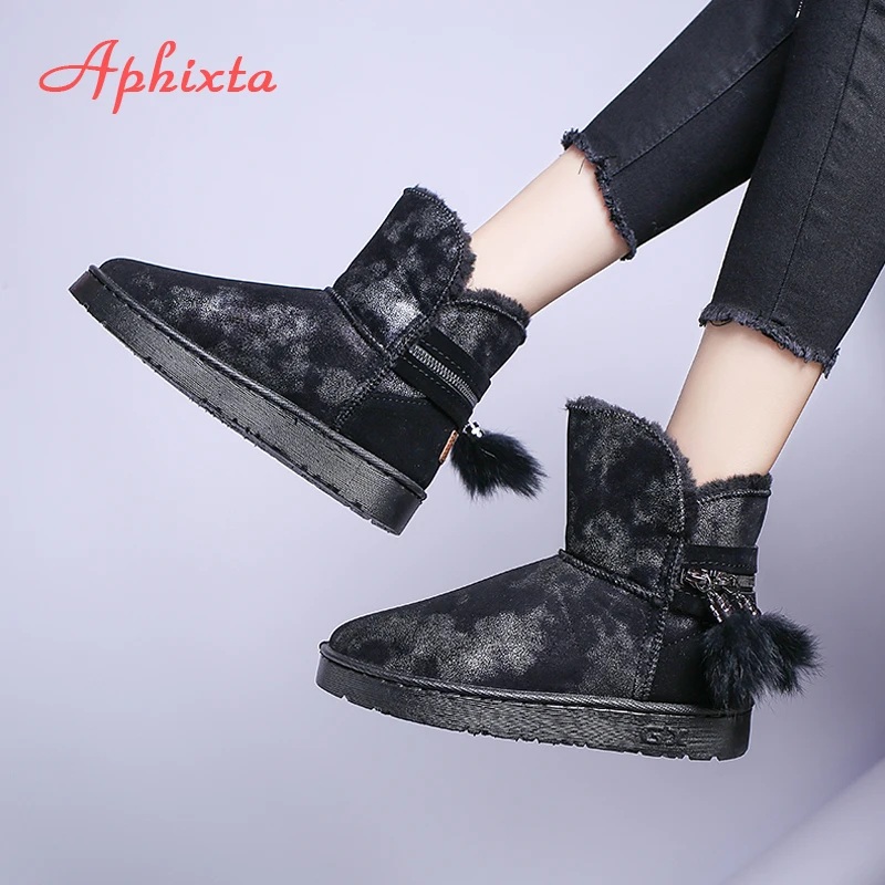 Aphixta/зимние сапоги на меху с бахромой и металлической молнией женская плюшевая