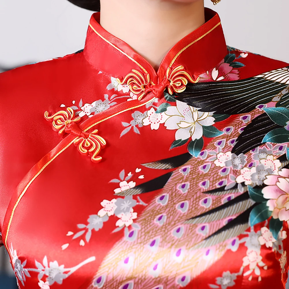 

Women Chinese 3/4 Sleeve Peacock Long Split Cheongsam Stage Show Midi Slim Dress