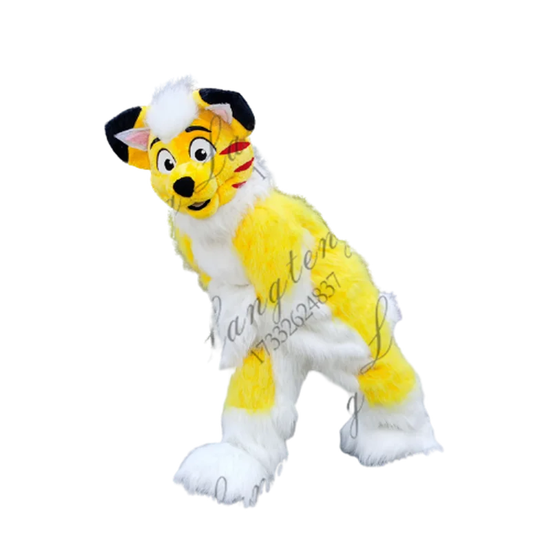 Пользовательские лиса собака талисман костюм желтый длинный плюшевый Fursuit с