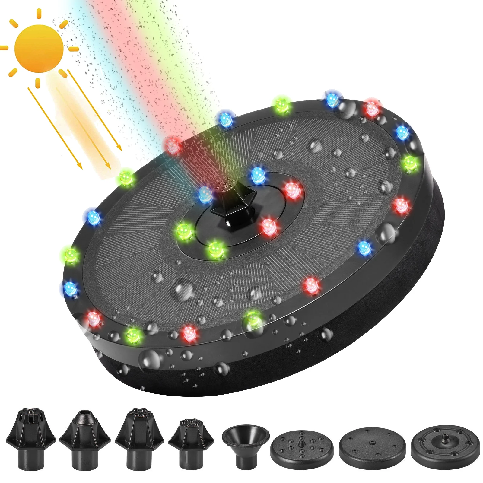 

Floating Solar Fountain Water Pump LED Light 9V/3.5W With 7 Water Type Solar Panel Water Fountain For Birdbath Pond Garden Decor