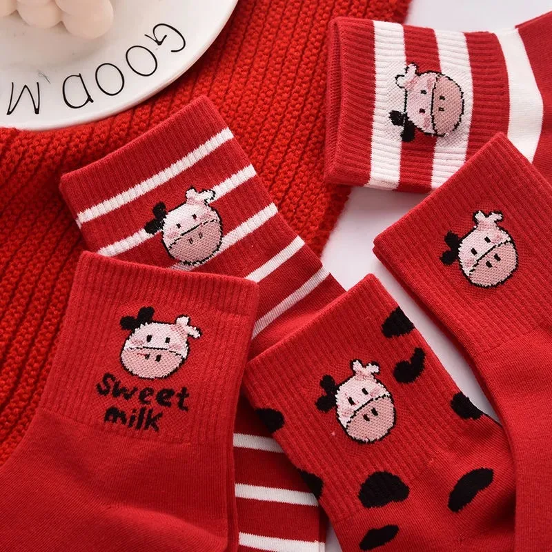 

5 PairsRed Socks Female Korean Style Of The Tube Ins Tide Cute Cartoon Japanese Students' Natal Year Of The Ox Year Socks Coup