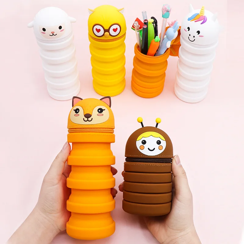 

New waterproof marker neutral pencil case zipper cartoon retractable pen container round creative stress relief student supplies
