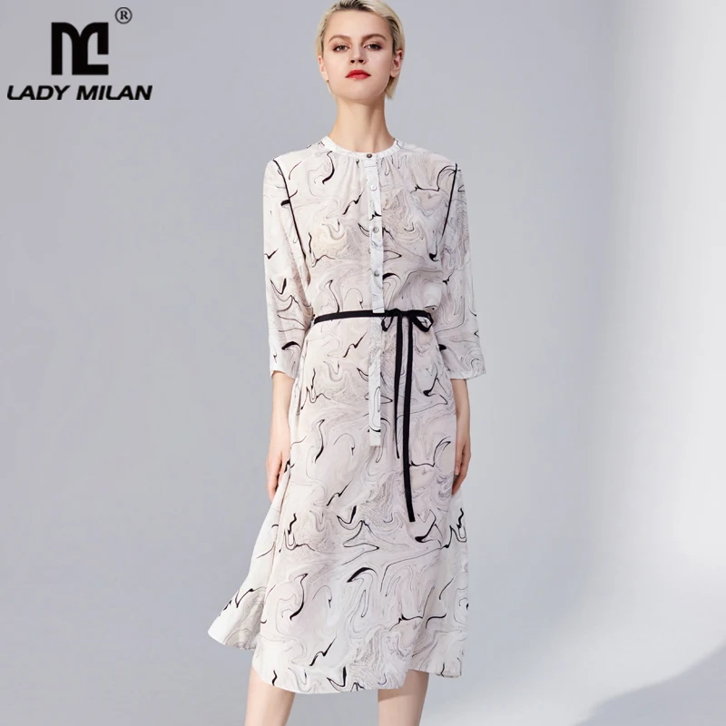 

Женское модельное платье из тяжелого шелка, повседневные платья с круглым вырезом и рукавом 100%, поясом и принтом, весна-лето 3/4