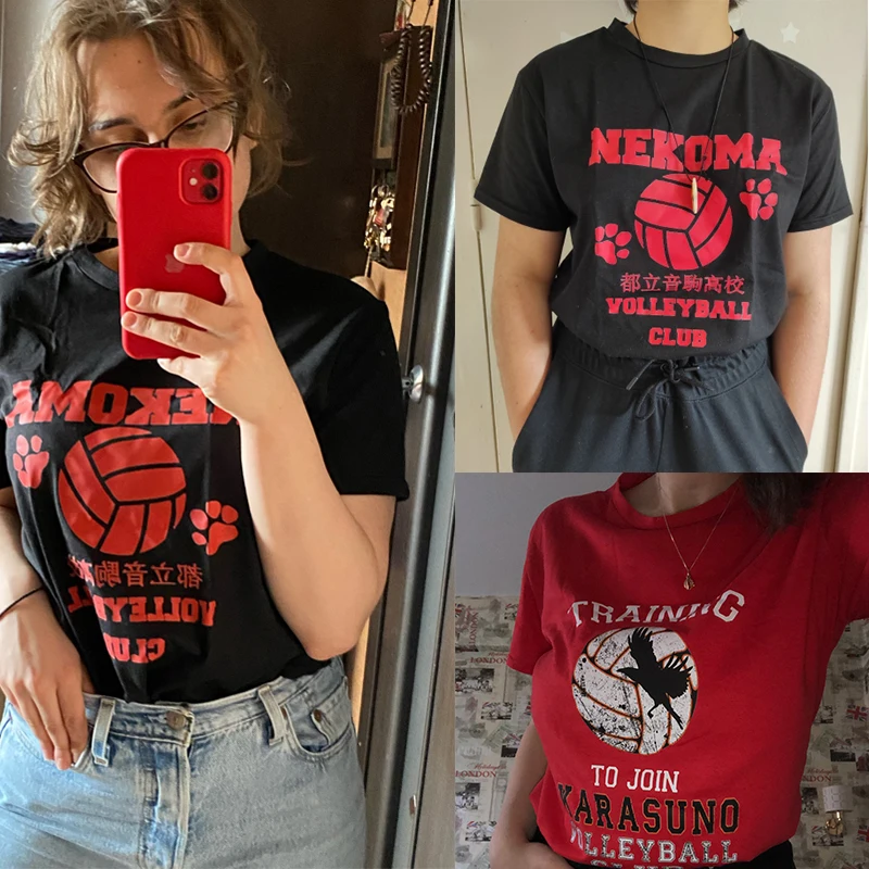 Haikyuu Volleyball Club Red Print Women T-Shirt Trendy Cotton T Shirt 2021 Goth Summer Tee Hip Hop Oversize Woman T-Shirts | Женская