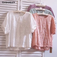 tiyihailey free shipping 2020 summer new cotton tops for women short sleeve o neck flowers tees thin soft white japan style