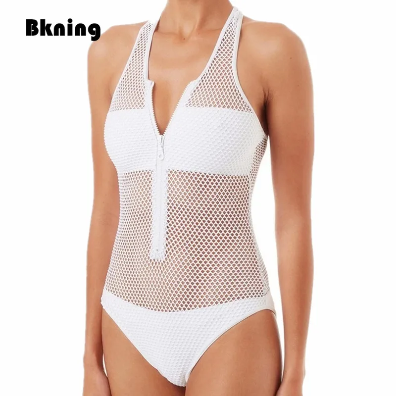 

Bkning Hot Sexy See Through Swimwear Woman 1 Piece Bathing Suit Swim 2020 Womens Fishnet Swimsuits Solid White Monokini Zipper