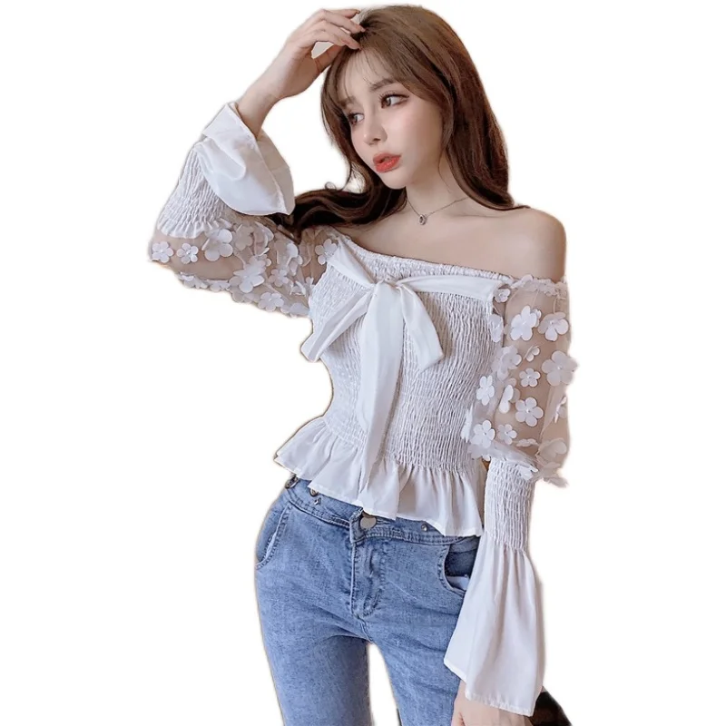 

Sexy Club Slash Neck White Chic Ladies Crop Top Blouse Women Appliques Korean Clothes Autumn Style Off Shoulder Shirts New