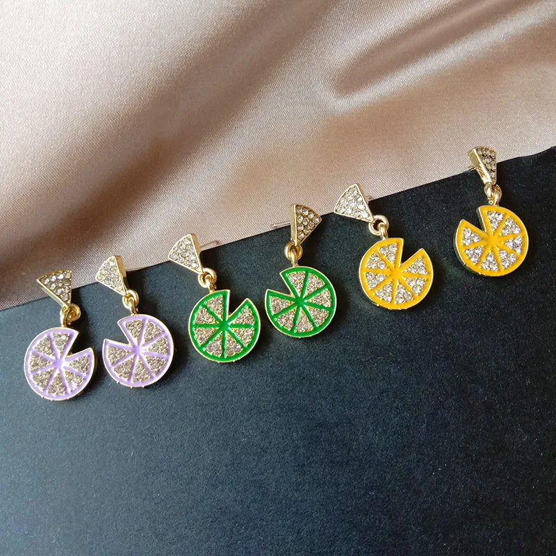 

Lemon Rhinestone Stud Earrings Spring Summer Jewelry Orange Green Yellow Purple Simple Wild Fresh Fruit Girl Drop Earrings