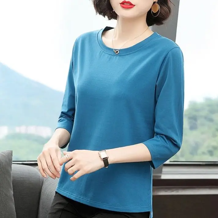 Cotton 2020 spring new small shirt fashion loose solid color seven sleeve T-shirt middle top | Женская одежда