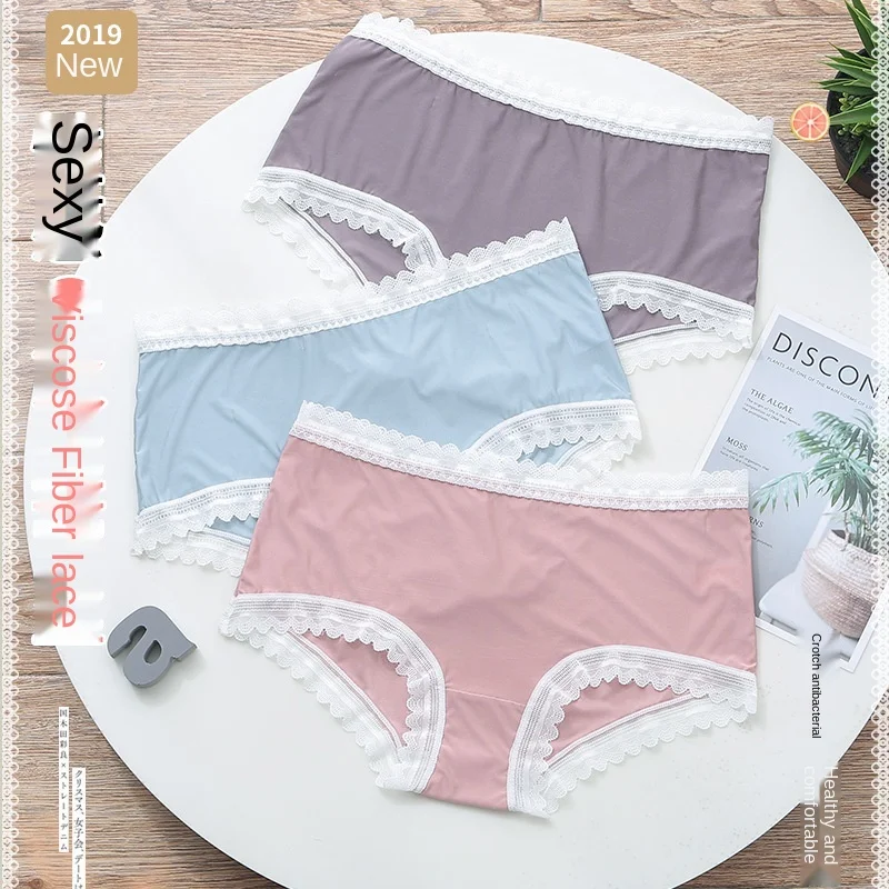 

Ladies Fashion Sexy Ice Silk Underpants Pure Cotton Crotch Mid-waist Japanese Lace Edge Girls Summer Underwear Underwear