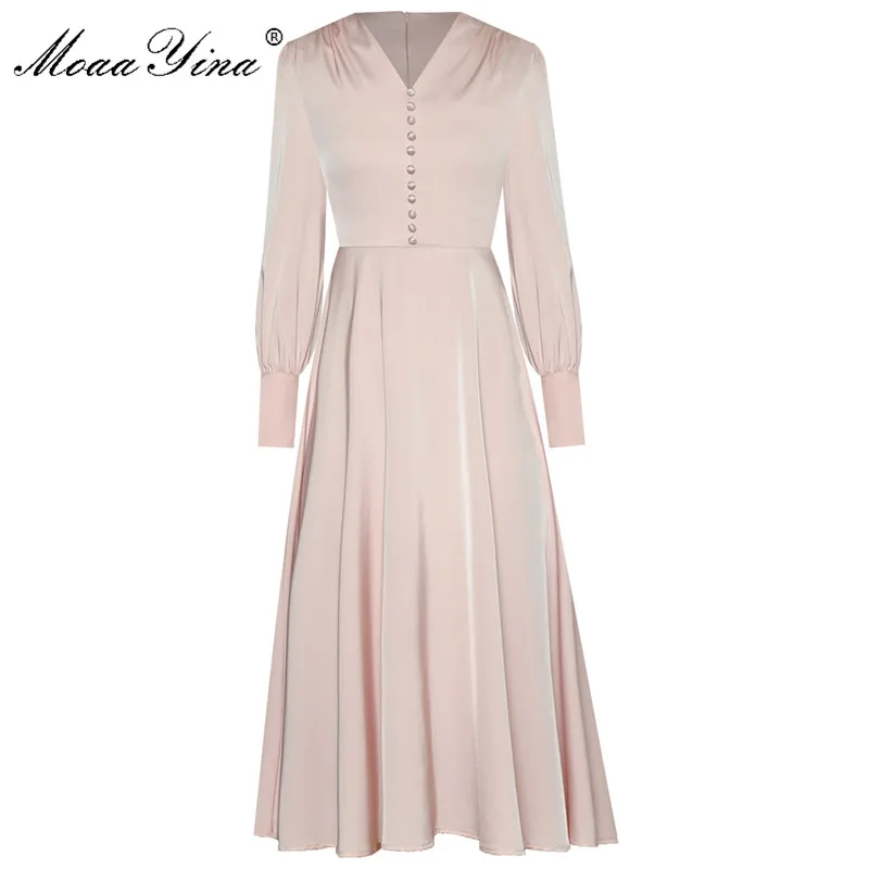 

MoaaYina Fashion Designer dress Spring Women's Dress V-neck Long sleeve Simplicity Elegant Dresses