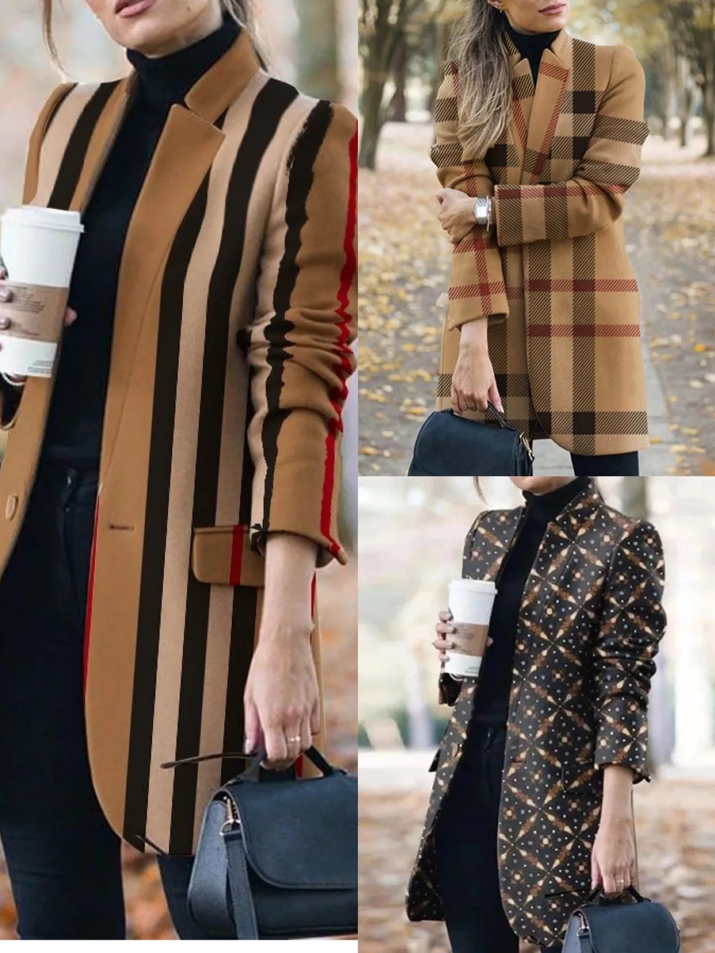 

Zoulv 2020 Winter Women's Clothing Casual Commuting Warm Long-sleeved Plaid Stand Collar Mid-length Coat Printed Woolen Coat