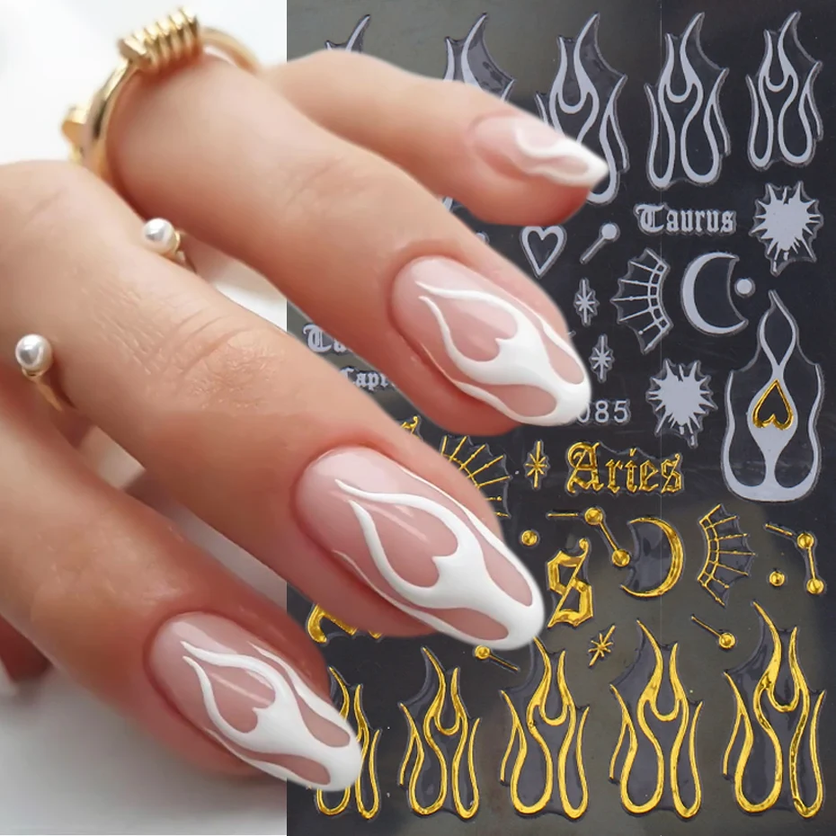 Laser White Gold Fire Flame Nail Stickers 3D Retro Metal Platinum Heart Alphabet Design Decal Slider Decor Manicure NLSTZCS-085