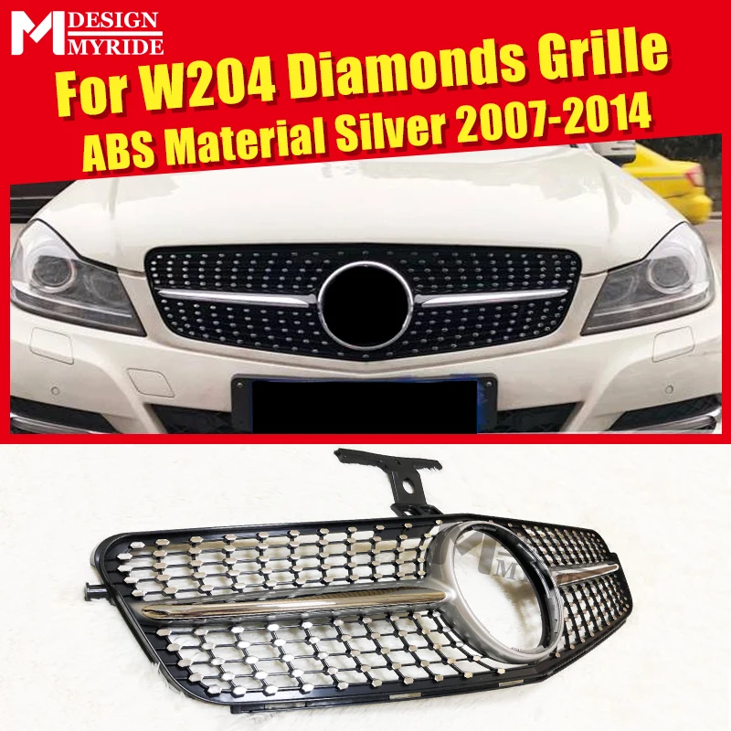 Для Mercedes C204 W204 СПОРТ ПЕРЕДНЯЯ Алмазная решетка грили серебро C180 C200 C300 прямой 1:1 замена не подходит AMG C63 C63S 07-14
