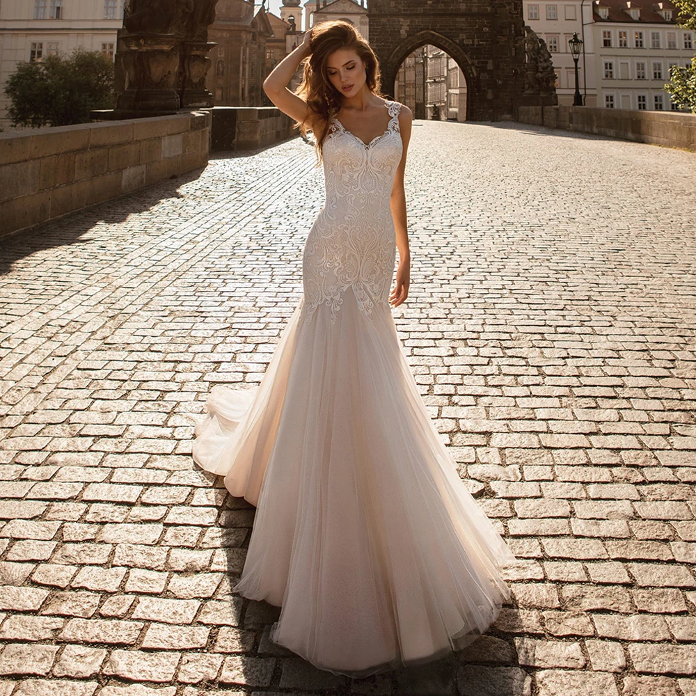 

Sexy Mermaid Wedding Dress 2021 Scoop Neck Sleeveless Lace Appliques Vestido De Noiva Court Train Tulle Bridal Wedding Gown