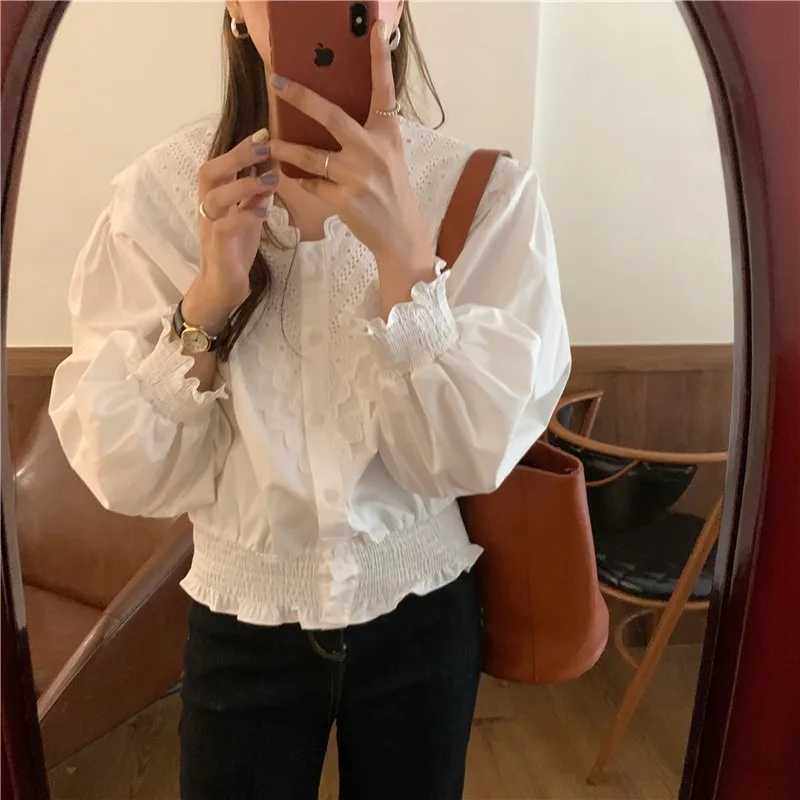 

ZAWAHIKI Solid Korean Vintage Blusas Mujer Moda 2021 Spring Lace V-neck Puff Sleeve Single Breasted Elegant Women's Blouse