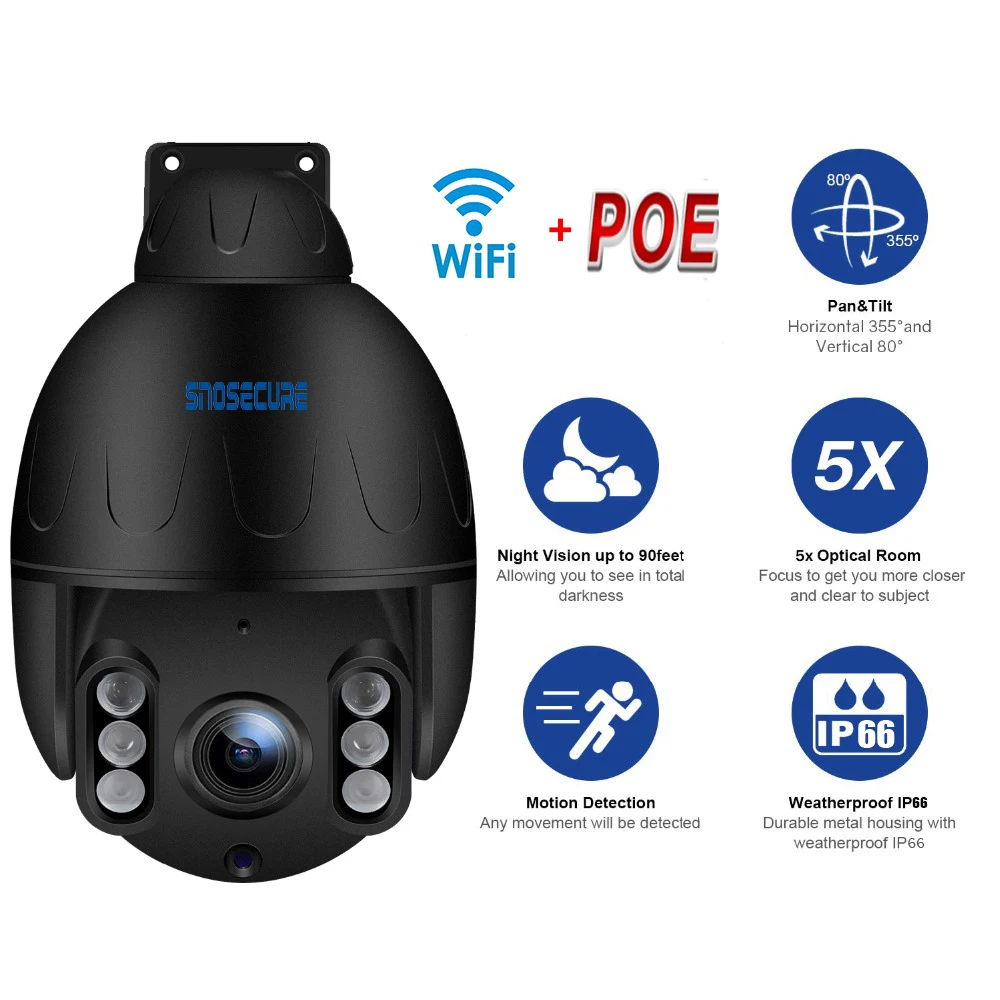 SNOSECURE Wireless Street Dome IP Camera Wifi 5MP Black Surveillance Tour Auto Cruise with Microphone Speaker Talk 128GB Card