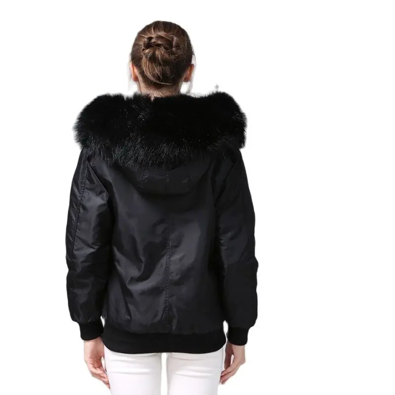 Black Bomber Jacket With Faux Fur Lined Raccoon Hoodies Mrs Flight Short | Женская одежда