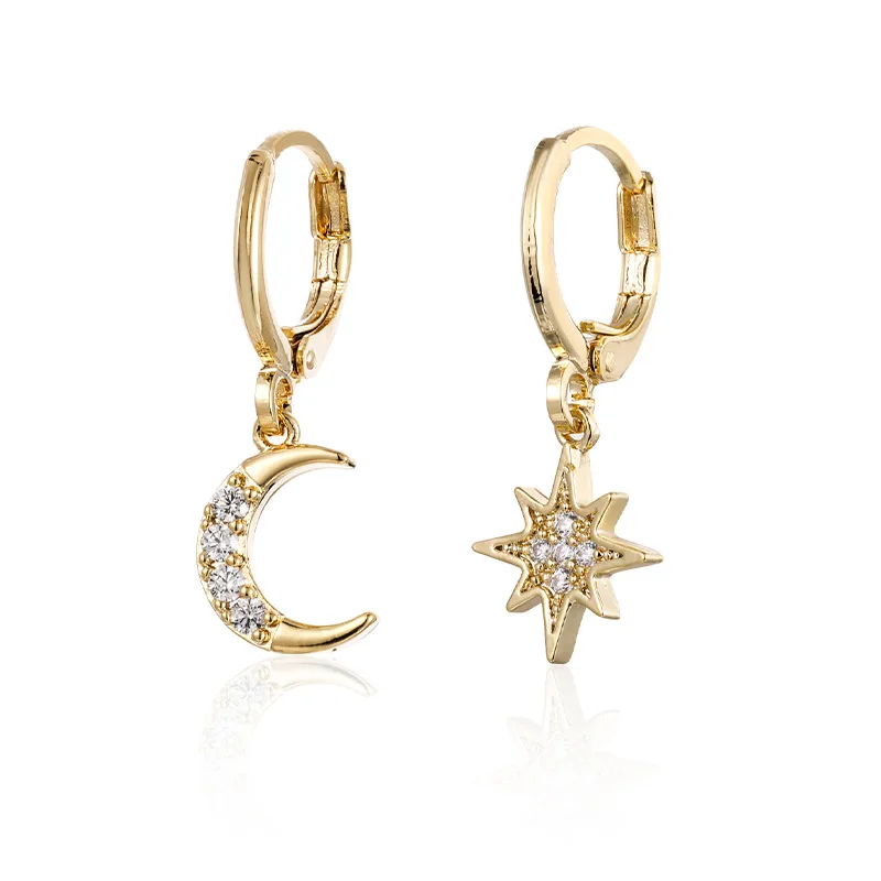 

Korean new fashion star moon earrings for women temperament zircon left/right asymmetric light luxury earring jewelry gift