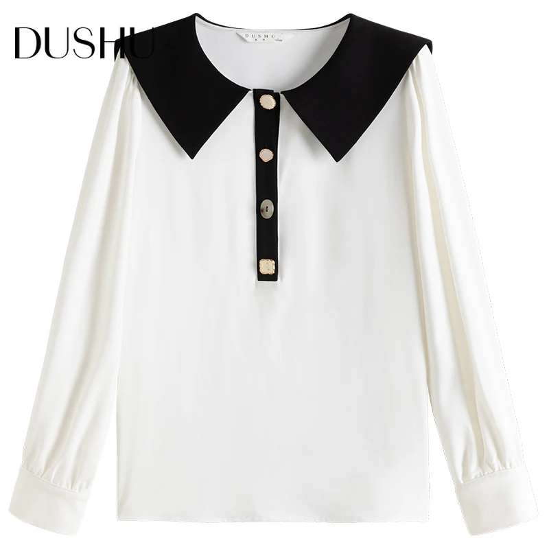 

DUSHU Plus size white chiffon blouse shirt Women patchwork long sleeve button up shirt Female elegant spring office ladies top