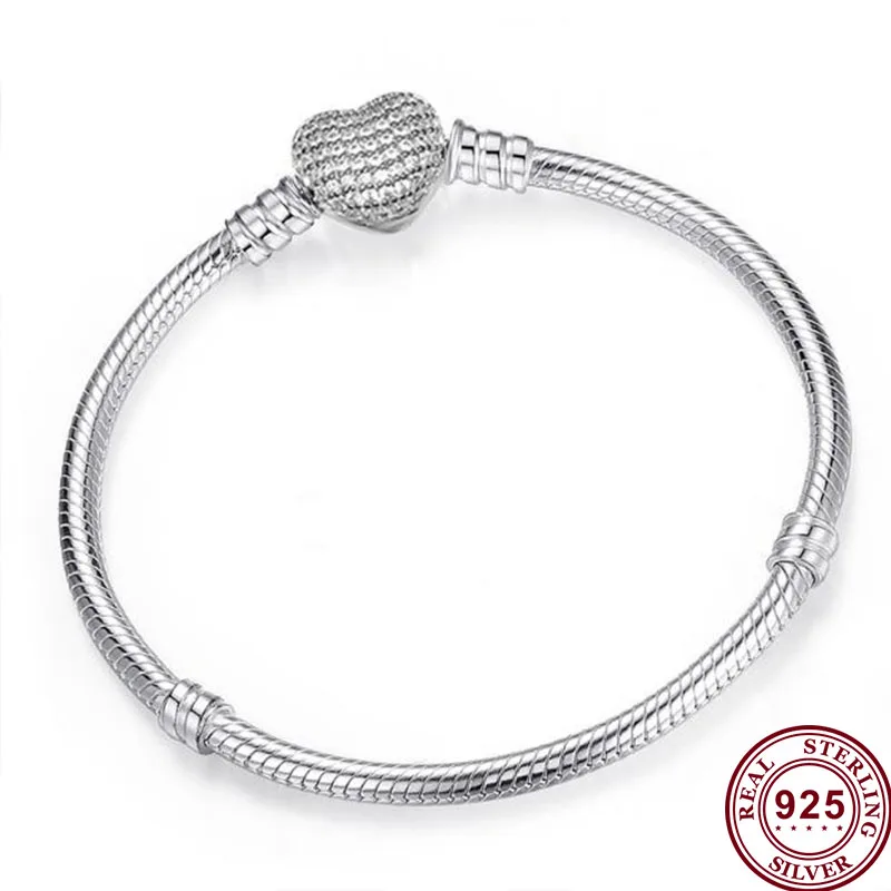 

100% 925 брелок Silver Pan Bracelet Shiny Heart With Crystal Button Pan Bracelet Fit European Charm Bracelets Women Jewelry