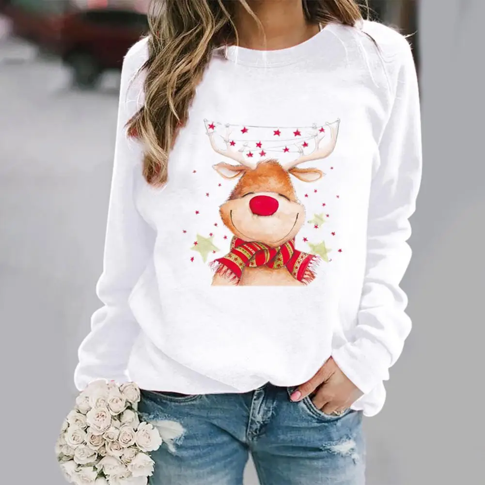 

O-Neck Long Sleeve Pullover Sweatshirt Plush Lining Autumn Winter Christmas Elk Star Print Women Sweatshirt Outerwear