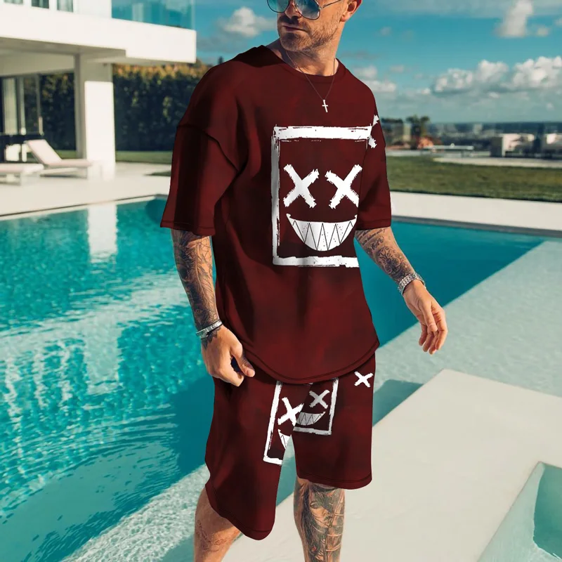 

Men's 3D Smiley Print T Shirt +Shorts Male Sets Casual Short Outfits Summer Tracksuit Set Men Clothing 2 Pieces Set Beach Pants